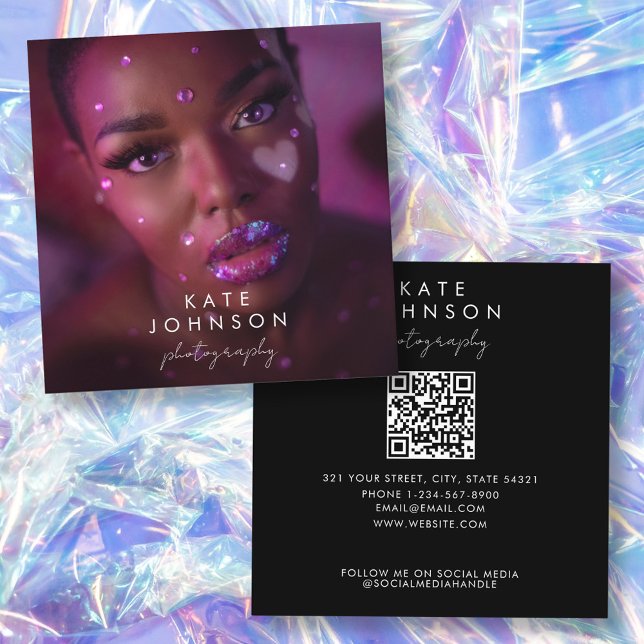 Carte De Visite Carré Calligraphie de script QR Code photo intégrale ten (Trendy Full Photo QR Code Script Calligraphy Square Business Card)