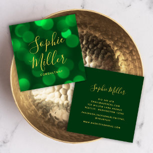 Carte De Visite Carré Calligraphie moderne Emerald Green Bokeh Lumières