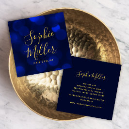 Carte De Visite Carré Calligraphie moderne Sapphire Blue Bokeh Lumières