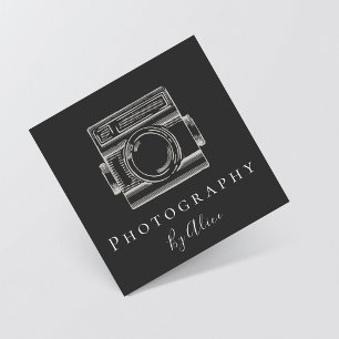 Carte De Visite Carré Caméra de photographie dessinée Outline Noir & Bla