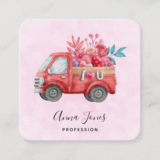 Carte De Visite Carré Camion d'amour mignon avec Coeur Cargo Aquarelle (Devant)