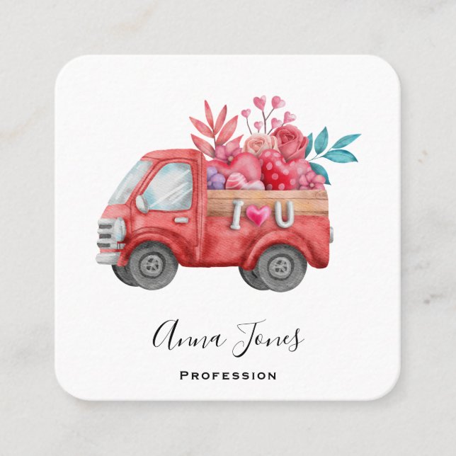 Carte De Visite Carré Camion mignonne d'amour transportant des coeurs et (Devant)