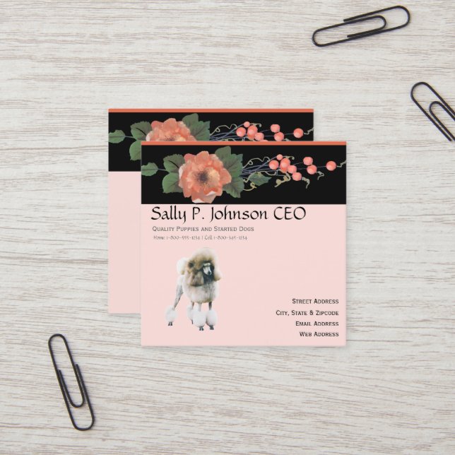 Carte De Visite Carré Caniche sur le melon noir floral (Devant/Arrière en situation)