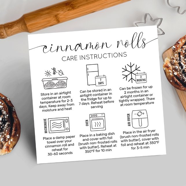 Carte De Visite Carré Cannelle Rouleaux Instructions Minimal boulangerie (Minimalist cinnamon rolls care & heating instructions cards with care icons, elegant script font)