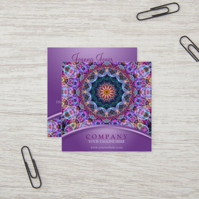 Carte De Visite Carré Carré pourpre de mandala de Lotus (Devant/Arrière en situation)