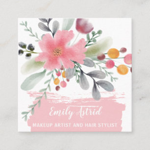 Carte De Visite Carré Carré rose de maquillage d'aquarelle florale