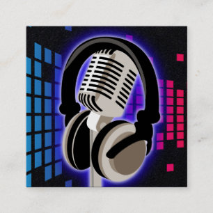 Carte De Visite Carré Casque Microphone Podcast brillant Bleu Noir S