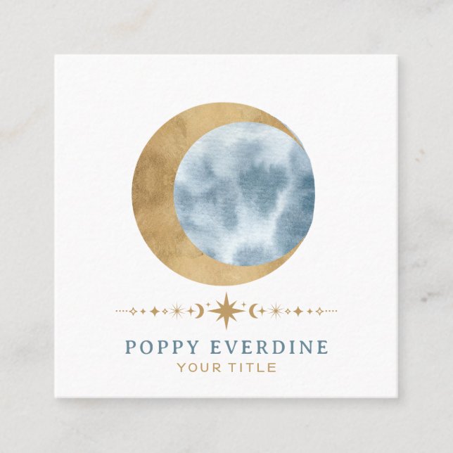 Carte De Visite Carré Céleste Mystique Lune Bleu Or (Devant)