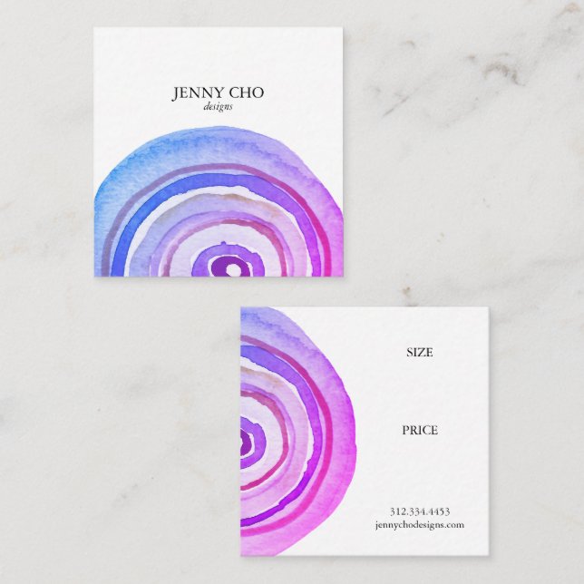 Carte De Visite Carré Cercles d'aquarelle Abstrait Purple POUSTOM POUSTO (Devant / Derrière)