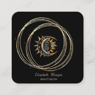 Carte De Visite Carré Cercles Or Élégant Moderne Soleil Lune Noir