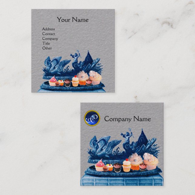 Carte De Visite Carré CHARIOT BLEU DE SWANS, CUPCAKES, Papier gris PÂTIS (Devant / Derrière)
