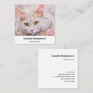 Carte De Visite Carré Chat blanc élégant en or et diamants