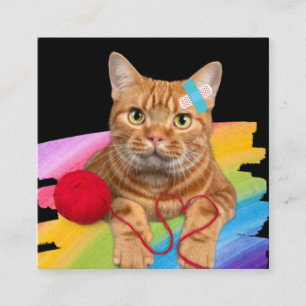 Carte De Visite Carré Chat endommagé sur l'arrière - plan arc-en-ciel