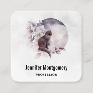 Carte De Visite Carré Chat noir devant une Pleine lune magique