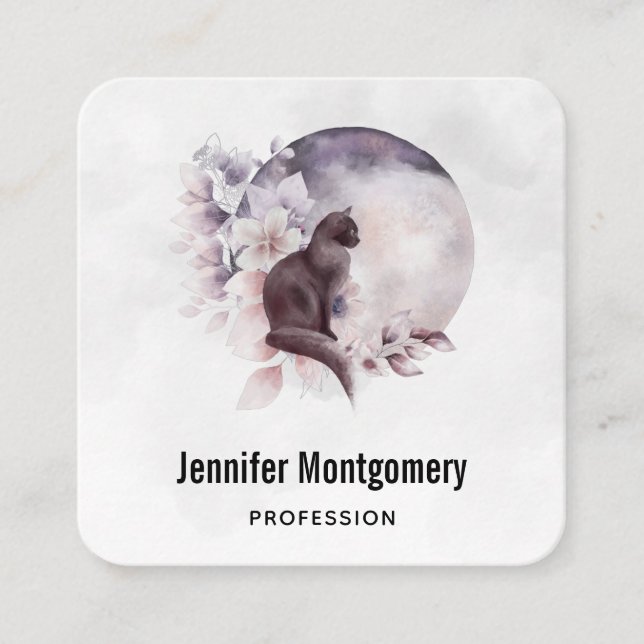 Carte De Visite Carré Chat noir devant une Pleine lune magique (Devant)