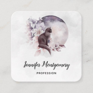 Carte De Visite Carré Chat noir devant une Pleine lune magique