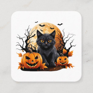 Carte De Visite Carré Chat noir entouré de citrouilles
