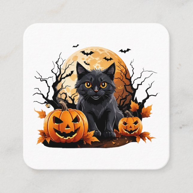Carte De Visite Carré Chat noir entouré de citrouilles (Devant)