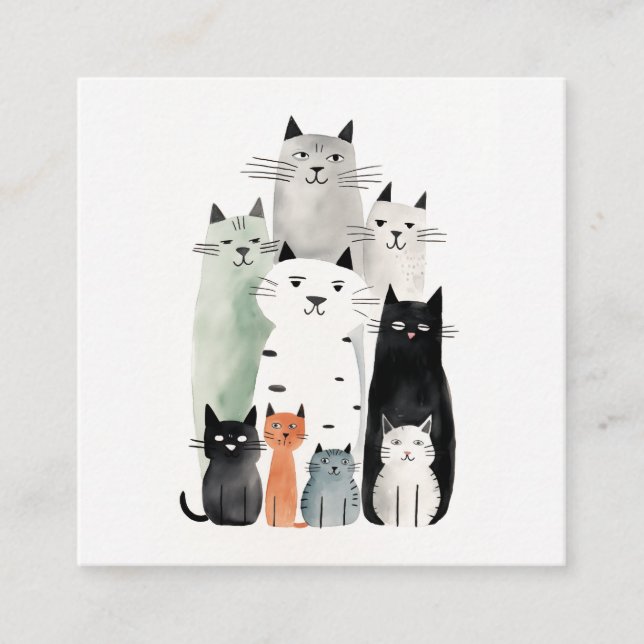 Carte De Visite Carré Chats et amis Aquarelle Gouache Illustration (Devant)