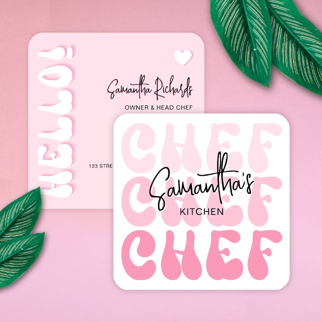 Carte De Visite Carré Chef boulangerie tendance Retro Rose Girly Restaur (Catering business cards in girly pink colors with retro fonts and trendy layout)