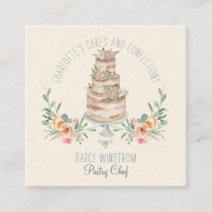 Carte De Visite Carré Chef pâtisserie boulangerie Aquarelle un gâteau fl