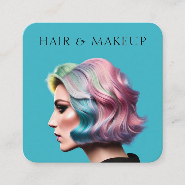 Carte De Visite Carré Cheveux et maquillage moderne tendance bleu (Devant)