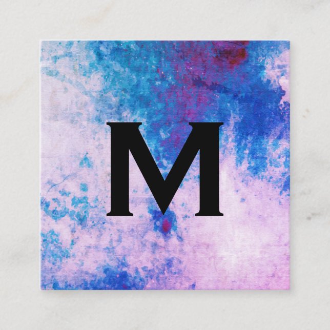 Carte De Visite Carré Chic Aquarelle bleu violet avec Monogramme (Devant)