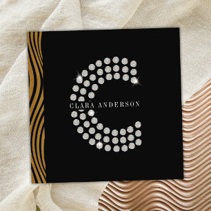 Carte De Visite Carré Chic Black Gold Diamond Initial C Monogramme QR Co
