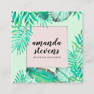 Carte De Visite Carré Chic cadre argent menthe vert aquarelle tropicale