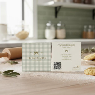 Carte De Visite Carré Chic Cottage Vert Gingham Marketing Boulangerie QR