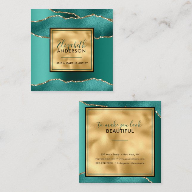 Carte De Visite Carré Chic Gold Turquoise Parties scintillant Mode moder (Devant / Derrière)