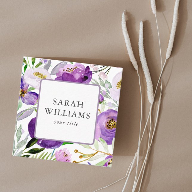 Carte De Visite Carré Chic Purple Floral Nature Élégant Carré modifiable (Créateur téléchargé)