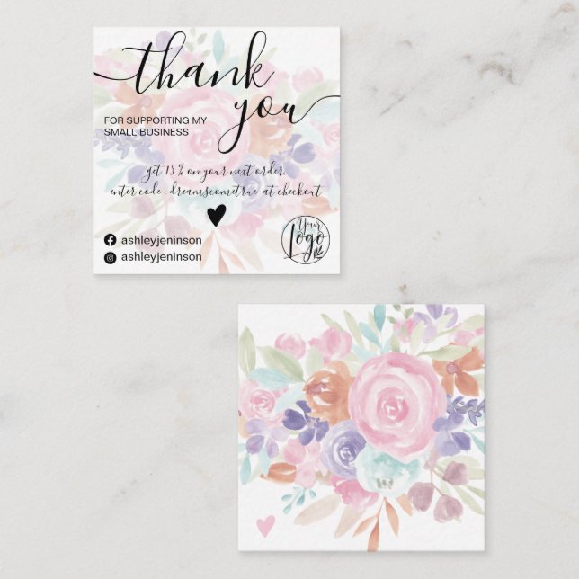 Carte De Visite Carré Chic rose floral aquarelle girly commander merci (Devant / Derrière)