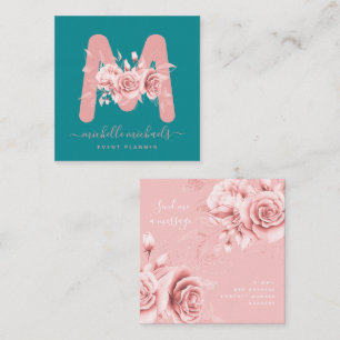 Carte De Visite Carré Chic Rose or Turquoise Floral Aquarelle Monogramme