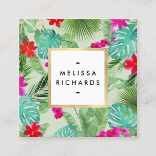 Carte De Visite Carré Chic Tropical Print Aquarelle Designer Vert