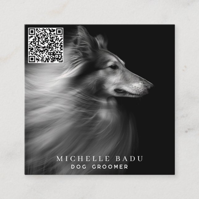 Carte De Visite Carré Chien Groomer QR Code Social Media (Devant)