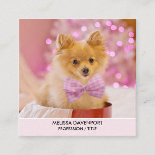 Carte De Visite Carré Chien mignon avec cabot rose Photo de Noël