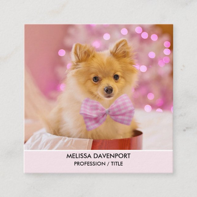 Carte De Visite Carré Chien mignon avec cabot rose Photo de Noël (Devant)