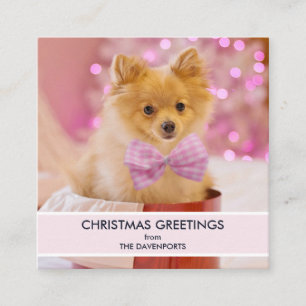Carte De Visite Carré Chien mignon avec cabot rose Photo de Noël