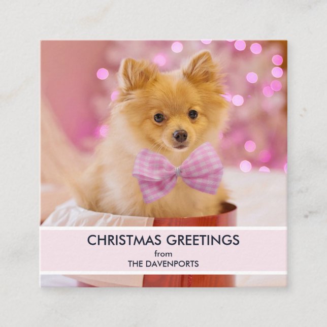 Carte De Visite Carré Chien mignon avec cabot rose Photo de Noël (Devant)