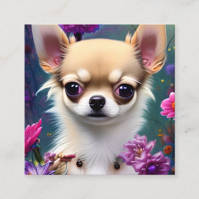 Carte De Visite Carré Chihuahua et fleurs (Devant)