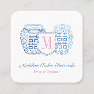 Carte De Visite Carré Chinoiserie Chic Bleu Et Rose Maman Appelle