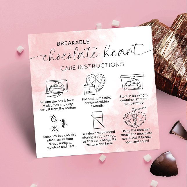 Carte De Visite Carré Chocolat Smash Guide de soins cardiaques Aquarelle (Elegant chocolate smash heart care cards with care icons and pink watercolor background)