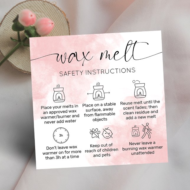 Carte De Visite Carré Cire Fonte Soin Elégant Merci d'aquarelle rose (Feminine pink watercolor wax melts care & safety card with care icons and space for your logo)