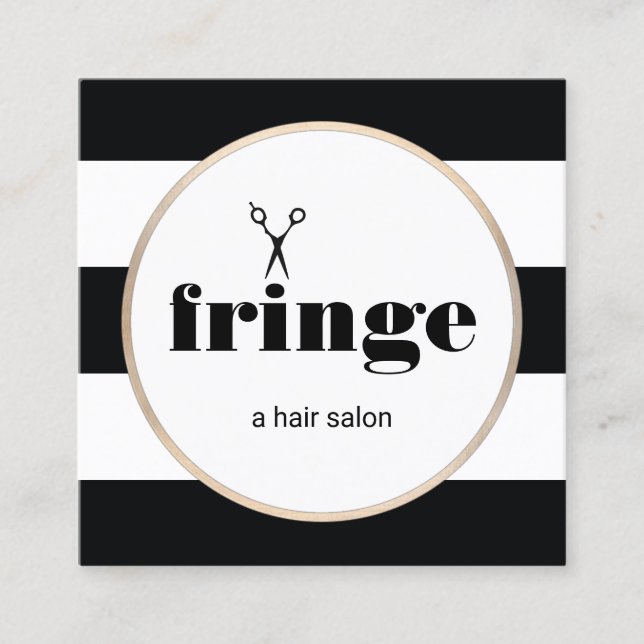 Carte De Visite Carré Ciseaux dorés coiffeur noir blanc rayé (Devant)