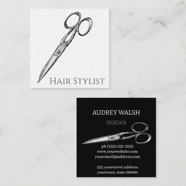 Carte De Visite Carré Ciseaux vintages, simple moderne noir et blanc (Devant / Derrière)