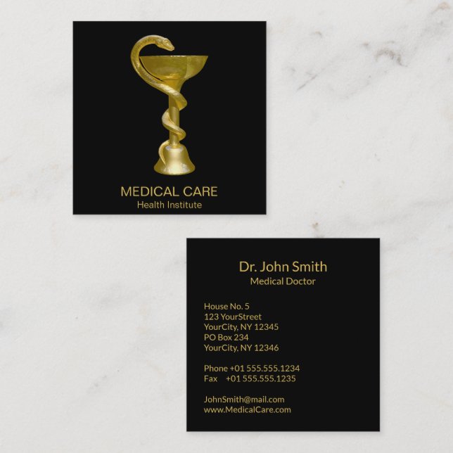 Carte De Visite Carré Classé Snake Bowl Hygieia Médicale Gold Caduceus (Devant / Derrière)