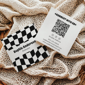 Carte De Visite Carré Code QR à carreaux noir et blanc moderne