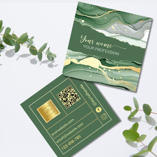 Carte De Visite Carré Code Qr Aquarelle Vert Sauge Or