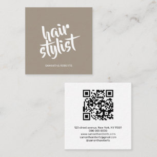 Carte De Visite Carré Code QR brun clair écriture coiffeur moderne
